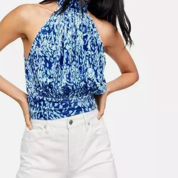 $78 FREE PEOPLE - Blue Velvet Take a Break Halter Top Shirt - Women's Small NEW - Picture 1 of 7